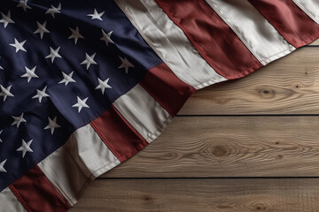 Serene representation: From above, the USA American flag on a wooden surface evokes a sense of calm and unity, allowing for ample copy space. Generative AI
