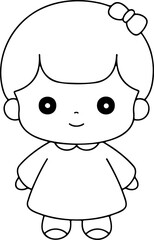 Doll vector illustration. Black and white outline Doll coloring book or page for children