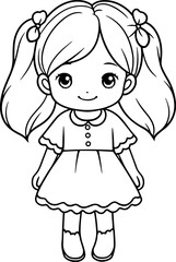 Doll vector illustration. Black and white outline Doll coloring book or page for children