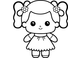 Doll vector illustration. Black and white outline Doll coloring book or page for children