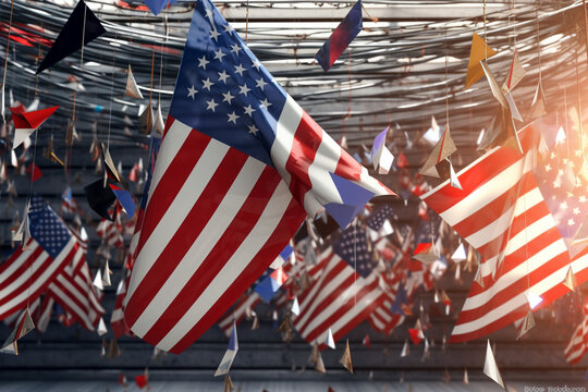 United in decoration: The flag of America and isolated garlands of pennants come together in a captivating illustration, leaving space for your custom text. Generative AI