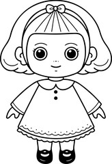 Doll vector illustration. Black and white outline Doll coloring book or page for children