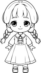 Doll vector illustration. Black and white outline Doll coloring book or page for children