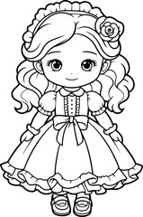 Fototapeta premium Doll vector illustration. Black and white outline Doll coloring book or page for children