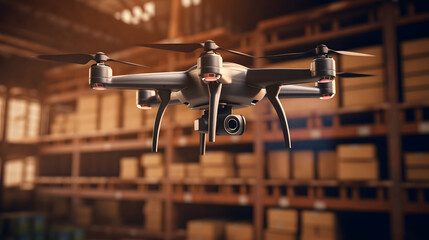 配達ドローンが倉庫内を飛ぶ｜Delivery drones fly over the warehouse.Generative AI