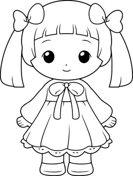 recommend clip art: Doll vector illustration. Black and white outline Doll coloring book or page for children