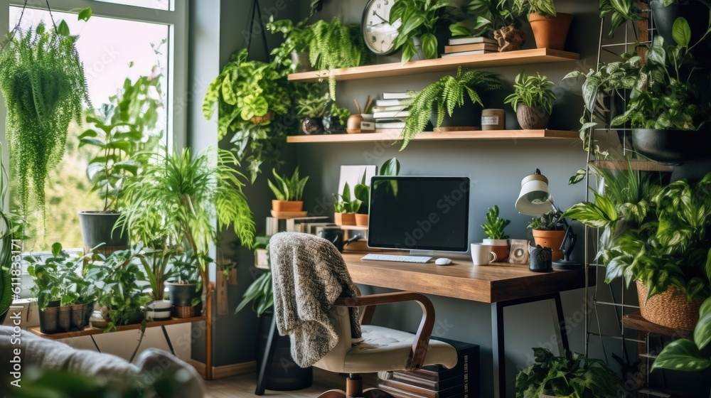 Sticker working from home office with natural light and green wall. For office workers and independent contractors, remote working and working from home are new business trends. Generative AI