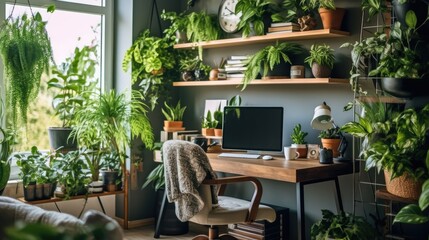 working from home office with natural light and green wall. For office workers and independent contractors, remote working and working from home are new business trends. Generative AI