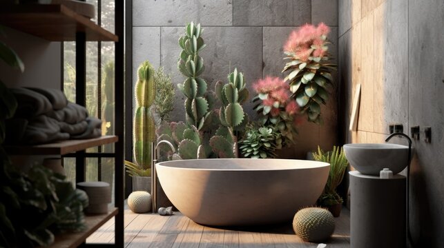 Standing succulent flowers decorate the inside of a contemporary bathroom. Generative AI