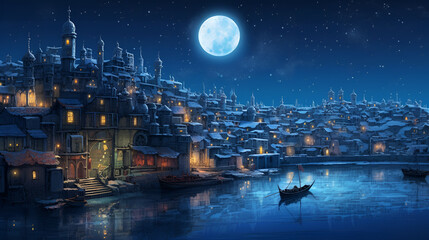 Obraz premium A boat floating near an ancient city under a clear night sky with full moon 