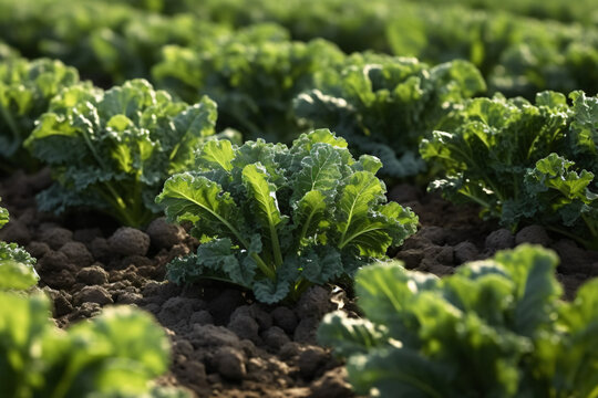 cultivated kale vegetable field, earth day concept, plants in soil, green world. generative ai