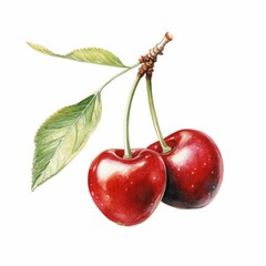 Pair of Cherries Fruit Watercolor-Style Illustration [Generative AI]