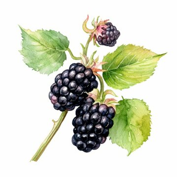 Ripe Blackberries on the Vine, Summer Blackberry Fruit Watercolor-Style Illustration [Generative AI]