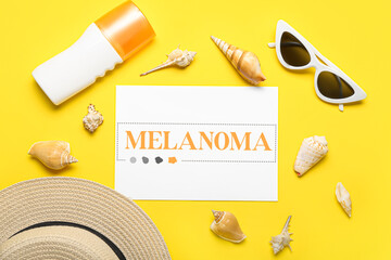 Banner with beach accessories and word MELANOMA