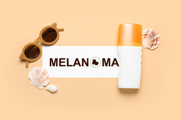 Banner with beach sunglasses, sunscreen and word MELANOMA