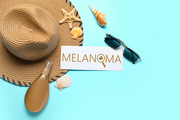 Banner with beach accessories and word MELANOMA