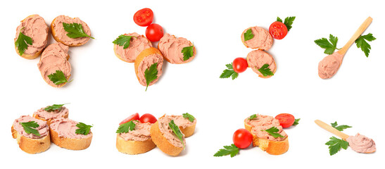 Collage of tasty pate on white background