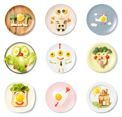 Fototapeta premium Collage of plates with funny children's breakfasts on white background, top view