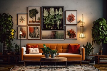 Interior design of a contemporary room with a sofa, lighting, potted plants, table, and pictures. Generative AI