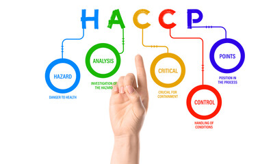 Fototapeta na wymiar Female hand pointing at diagram with components of HACCP (Hazard, Analysis and Critical Control Points) on white background