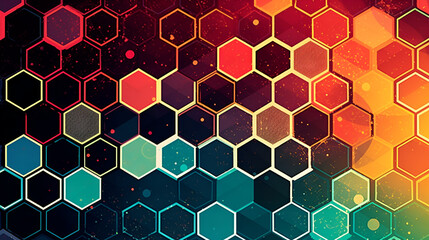 An abstract hexagonal honeycomb pattern in shades of red and teal, Generative AI