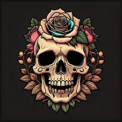Skull and roses art on black background. Best for printing shirt, textile, tee. Best generative ai