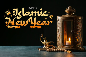 Banner for Islamic New Year with Muslim lamps and tasbih