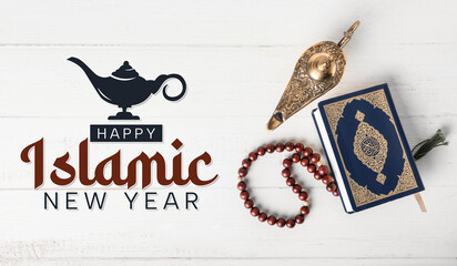 Banner for Islamic New Year with Quran, Aladdin lamp and tasbih