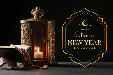 Banner for Islamic New Year with Quran, fanous lamp and tasbih