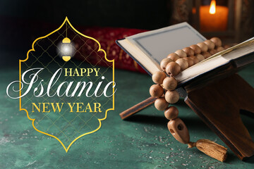 Banner for Islamic New Year with Quran and tasbih
