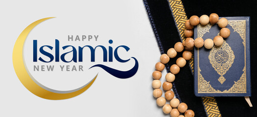 Banner for Islamic New Year with Quran, Muslim prayer mat and tasbih