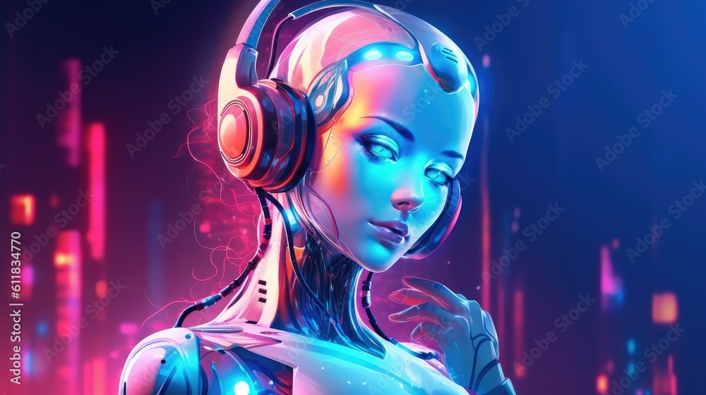Poster robot's portrait in profile, humanoid robot face, ai generated.
