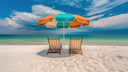 Chairs on Beach,Blue sea and white sand beach with beach chairs and parasol, AI generated.