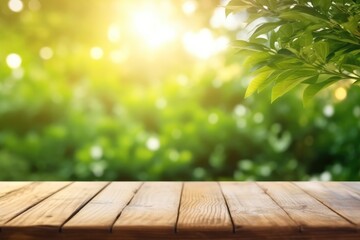 Wooden floor top with branch of green leaves on the nature blurred background with bokeh lights, AI generated.
