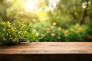 Product display concept of wooden floor at blur trees in park bokeh background in summer, AI generated.