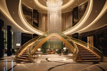 Crystal Reflections: Enhancing a Luxury Hotel Lobby with Modern Staircase Lighting and Elegant Crystal Fixtures
