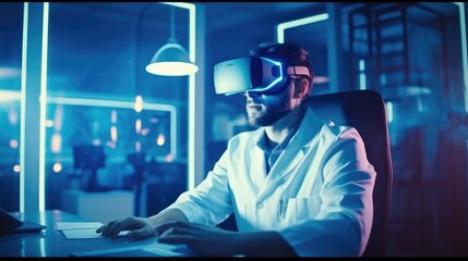 Medical technology concept, Mixed media, Doctor wearing virtual reality glasses, Checking brain testing result with simulator interface, Innovative technology in science and medicine., AI generated.