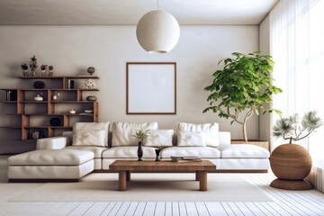 Obraz na płótnie Canvas Interior living room with sofa, Scandinavian interior design, AI generated.