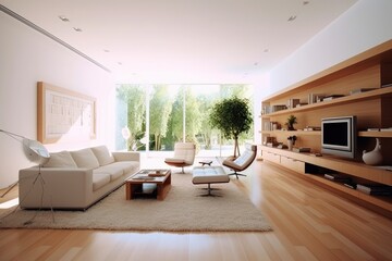 Contemporary living room with open concept view through, Interior design, AI generated.