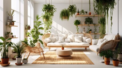 Living room interior with sofas and green plants, Home decor and couches with green environmental theme, Neutral living room, AI generated.