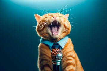 Portrait of a cat Jazz musician singing into a microphone, Generative AI