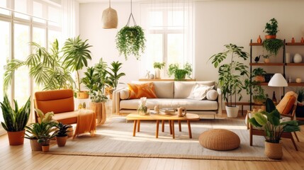 Living room interior with sofas and green plants, Home decor and couches with green environmental theme, Neutral living room, AI generated.