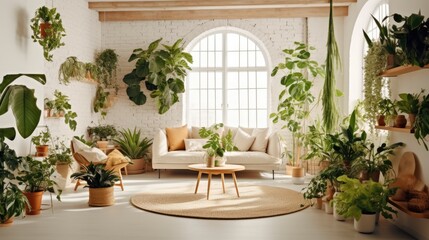 Living room with lots of flowers and plants, Modern home decor, AI generated.