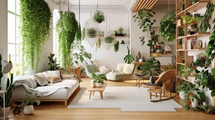 Modern living room design, Elegant home decor, Living room interior with sofas and green plants, Neutral living room, AI generated.