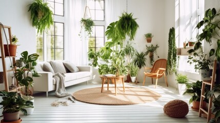 Living room with lots of flowers and plants, Modern home decor, AI generated.