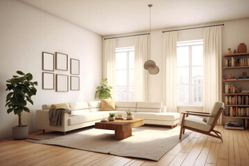 Interior living room with sofa, Scandinavian interior design, AI generated.