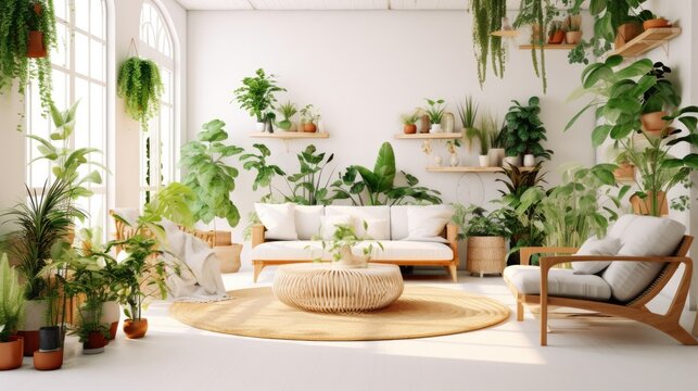 Modern living room design, Elegant home decor, Living room interior with sofas and green plants, Neutral living room, AI generated.