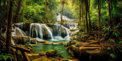 Streams and waterfalls in the forest,Beautiful deep forest waterfall, AI generated. - obrazy, fototapety, plakaty