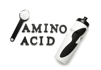 Text AMINO ACID, powder and bottle of water on white background