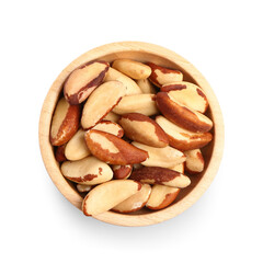 Fototapeta premium Wooden bowl of tasty Brazil nuts on white background